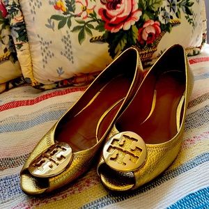 Tory Burch Metallic Gold Peep Toe Low Wedge